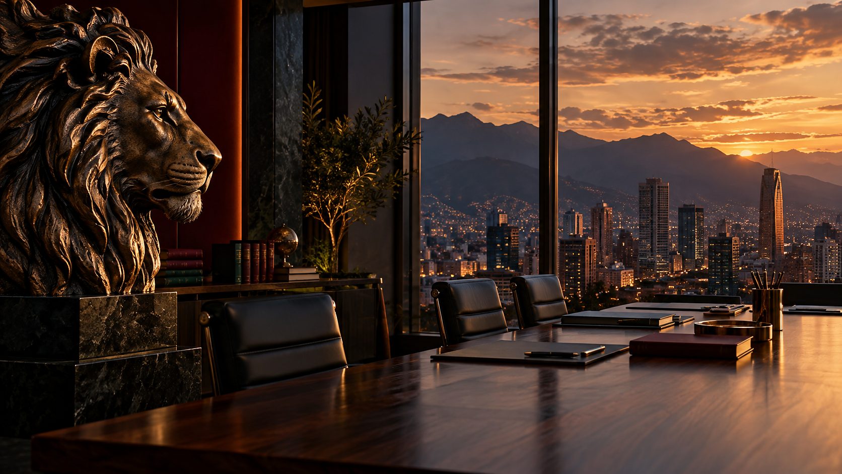 Sala de juntas con escultura de león y vista a la ciudad al atardecer